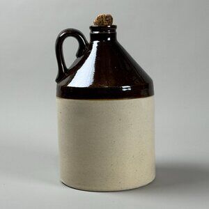 Vintage Half Gallon Stoneware Jug With Brown Glaze & Cork Stopper